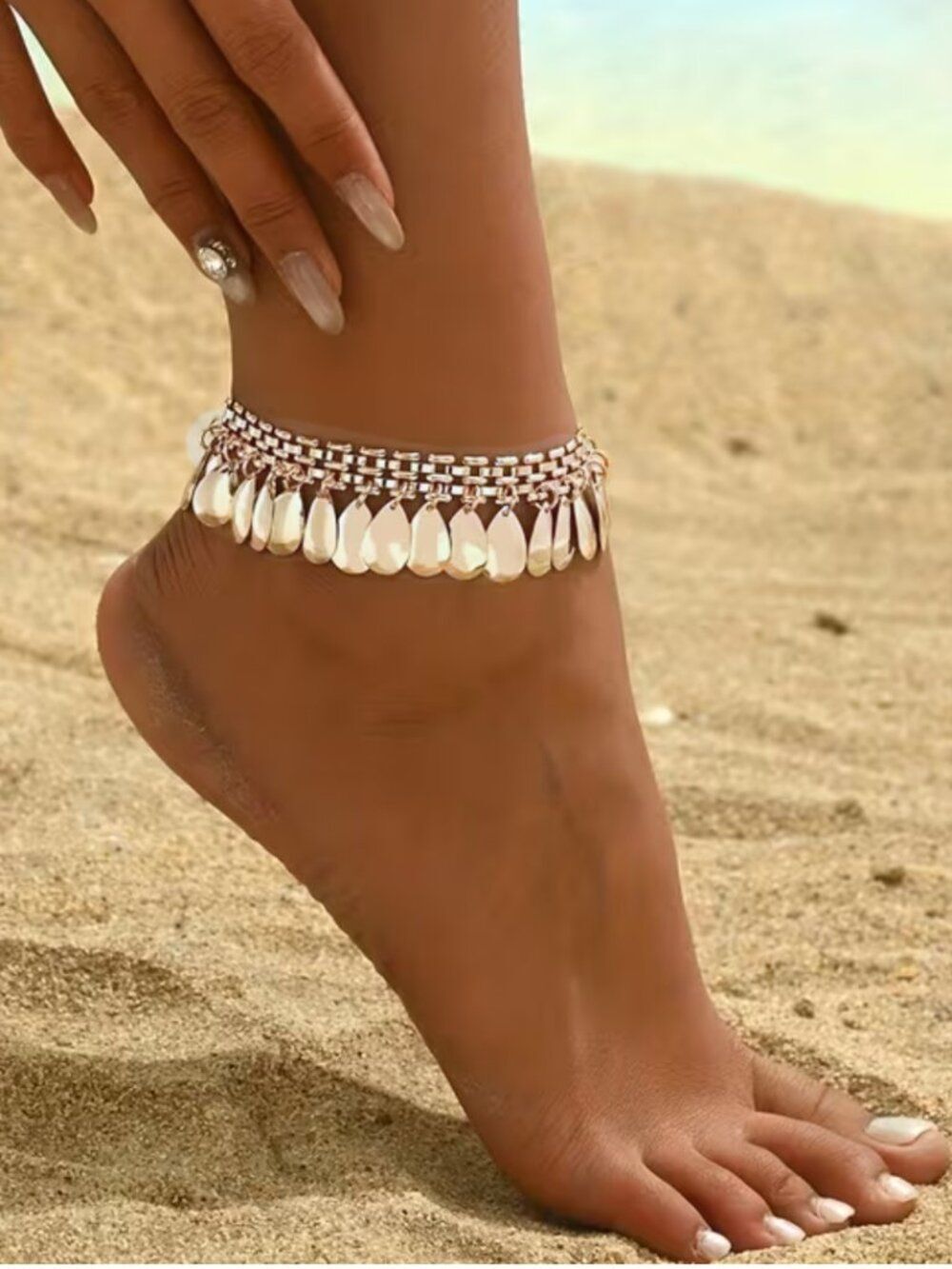Bohemian Chic Silver Cascade Teardrop Tassel Ankle Bracelet Effortless Elegance